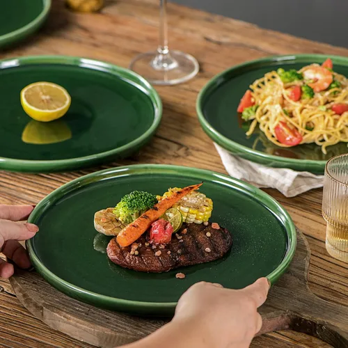 Miniatura 3 de vicrays Juego de platos de cena de cerámica - Platos de porcelana de 10 pulgadas planos para bistec, pasta, pizza, para el hogar, fiesta, Verde