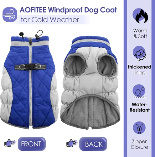 Miniatura 2 de AOFITEE Abrigo para perro, chaquetas cálidas para perros grandes, abrigo reflectante de cuello alto para perros con arnés integrado, impermeable