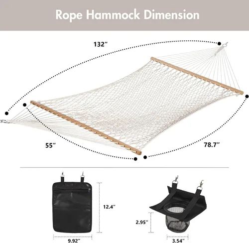 Miniatura 6 de ANOW Hamaca doble de cuerda con barra separadora de madera dura y bolsa de transporte, capacidad de peso de 450 libras para dos personas, natural