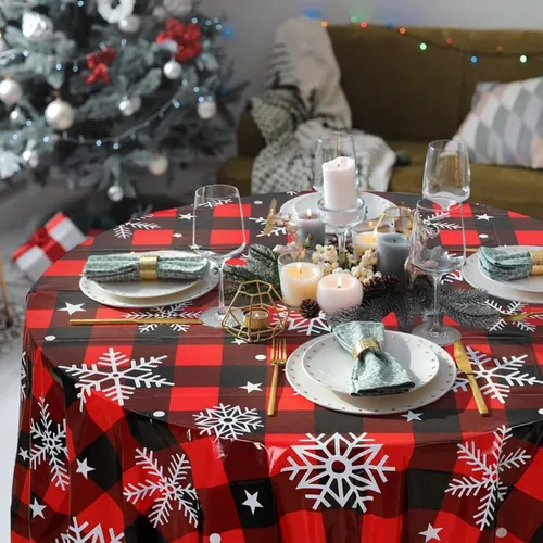 Miniatura 6 de Ganeen 12 manteles redondos de Navidad con diseño de copos de nieve de 84 pulgadas, mantel de plástico a cuadros rojos y negros, para fiesta