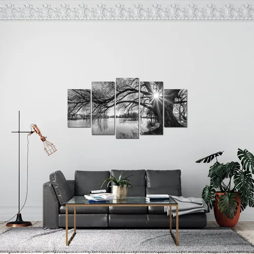 Miniatura 5 de sechars - 5 piezas de arte de pared, diseño de árbol viejo por lago, pintura de amanecer, paisaje blanco y negro, decoración moderna de pared