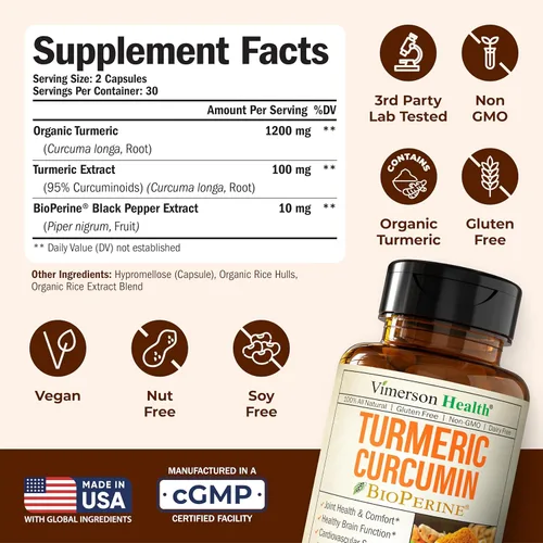 Miniatura 3 de Curcumina de cúrcuma con extracto de pimienta negra (bioperina) y suplemento orgánico tumérico vegano de apoyo articular. Suplemento de cúrcuma al
