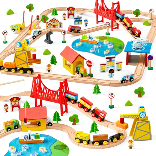 Juego de trenes de madera de 110 piezas - Trenes magnéticos de juguete con pista de madera para niños de 3 a 8 años, set de ferrocarril de escena