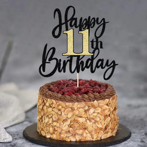 Miniatura 4 de Decoración para tartas de cumpleaños número 11 con purpurina negra y dorada, decoración de pastel de cumpleaños de 11 años y fabuloso cumpleaños