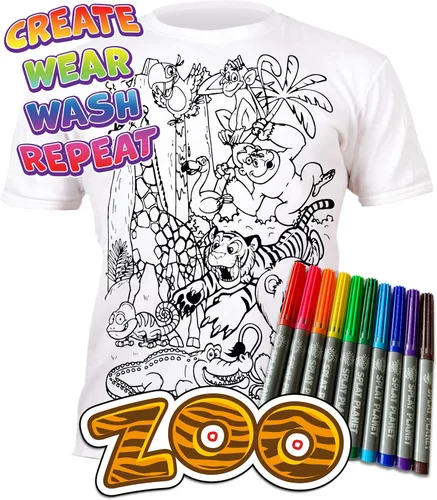 Miniatura 5 de Splat Planet Colorea en animales del zoológico, camiseta Jungle Safari con 10 bolígrafos mágicos lavables no tóxicos y lavables, Blanco