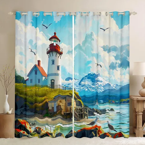 Miniatura 27 de Erosebridal Nautical Lighthouse Blackout Curtains 30-50% Navigation Theme Curtains for Women Men Watercolor Seascape Window Treatments Coastal Night