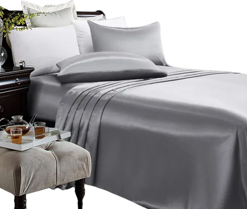Miniatura 17 de Anex Linen Juego de sábanas de satén, juego de ropa de cama de 4 piezas, hilos altos, juego de sábanas 100% satén beige ultra suave, juego