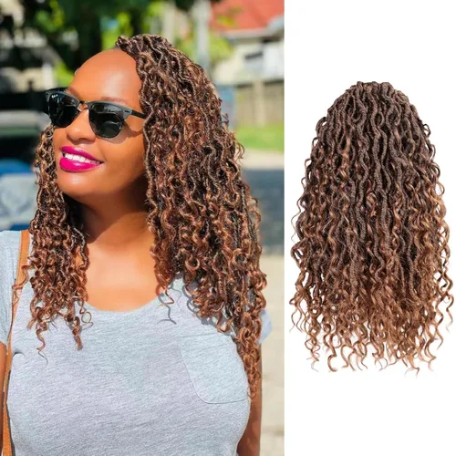 Miniatura 52 de Cabello de Crochet de 8 Pulgadas para Mujeres Negras, 7 Paquetes de Cabello de Crochet Goddess Locs con Puntas Rizadas, Locs Falsos Cortos con Bucle
