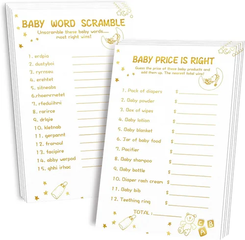 Miniatura 9 de OLOUTAB Juegos de Baby Shower para Niña - 2 Juegos (50 de Cada), Juego de Baby Shower Word Scramble y Price is Right, Doble Cara, Cartón Grueso