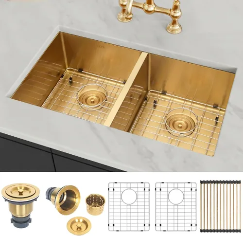 Miniatura 5 de LQS Fregadero de cocina dorado de 31 pulgadas, fregadero de cocina doble dorado, fregadero de acero inoxidable de montaje inferior calibre 16