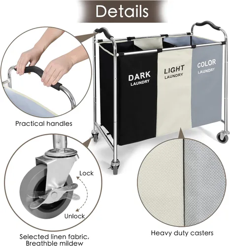 Miniatura 4 de Cesta de lavandería de 240L, cesta de almacenamiento grande, organizador de 3 secciones para ropa sucia, juguetes, toalla, 16 x 30 x 35 pulgadas