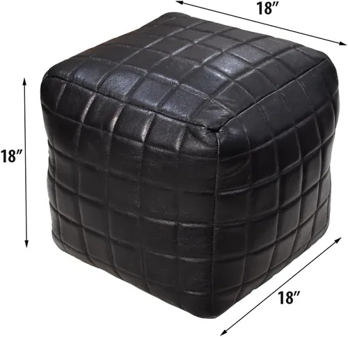 Miniatura 2 de Rugsotic Carpets Puf cuadrado geométrico hecho a mano de cuero de cabra 18"x18"x18" (relleno de algodón reciclado) color negro PF23