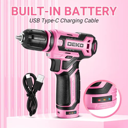 Miniatura 6 de Taladro inalámbrico: juego de taladro eléctrico DEKOPRO de 12 V con taladros eléctricos rosa de 800 RPM con caja de regalo, juego de taladro rosa