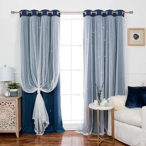 Miniatura 28 de Best Home Fashion Par de cortinas opacas con revestimiento de tul y corte láser, paneles de ventana con ojales plateados para dormitorio, habitación