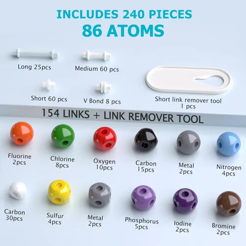 Miniatura 3 de Kit de modelo molecular, 240 piezas de química molecular orgánica, kit de modelo de elemento atómico para lecciones de química, kit de construcción
