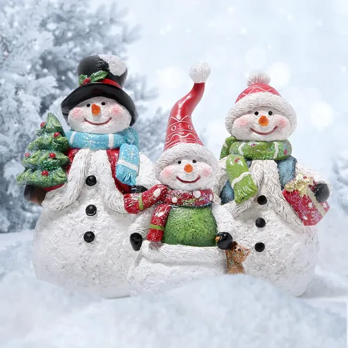 Miniatura 3 de Hodao Juego de 3 figuras de muñeco de nieve, adornos navideños de resina pintados a mano, decoración interior del hogar para repisa, estante