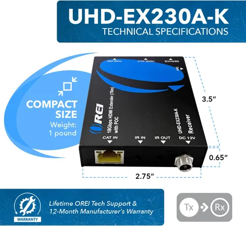 Miniatura 5 de OREI Extensor HDMI 4K a través de Ethernet, Extensor Balun a través de Cat6/Cat7 con extractor de audio óptico IR hasta 70 metros - Salida en bucle