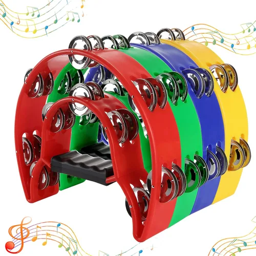 Miniatura 3 de Paquete de 4 panderetas de media luna para adultos, instrumentos musicales de percusión, pandereta de ritmo musical de doble fila para fiesta de KTV