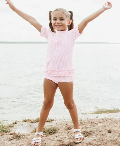 Miniatura 2 de RuffleButts - Conjunto de traje de baño de manga corta para bebé o niña con protección solar UPF 50+