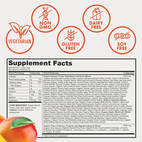 Miniatura 4 de Zena Nutrition Polvo de Súper Verdes Orgánico, Más de 70 Superalimentos, 0 Azúcar, 3G de Fibra, Espirulina, Chlorella, Hongos
