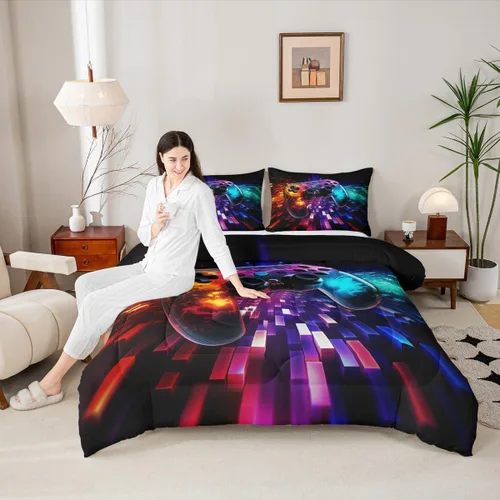 Miniatura 25 de Manfei Juego de edredón moderno de 2 piezas con estampado de consola de videojuegos de panal azul con 1 funda de almohada, juego de ropa de cama