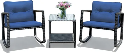 Miniatura 12 de Tangkula Juego de 3 mecedoras de mimbre para patio, mecedoras al aire libre y mesa con cojines, mesa de centro de cristal con estante de Beige