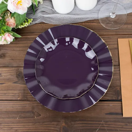 Miniatura 86 de Tableclothsfactory Paquete de 10 platos redondos de plástico negro de 6 pulgadas para ensalada de postre, platos desechables con borde ondulado