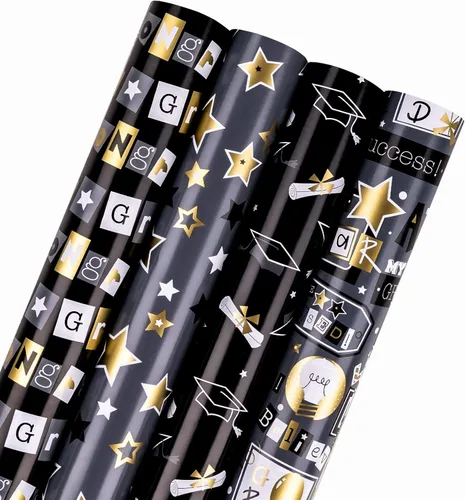 Miniatura 14 de WRAPAHOLIC Papel de regalo reversible de graduación, mini rollo, 17 pulgadas x 33 pies, tapa de zanjadora dorada negra y estrellas para fiestas
