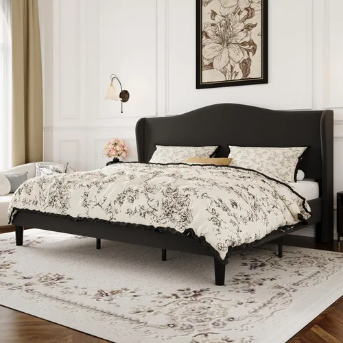 Miniatura 12 de SHA CERLIN Marco de cama de plataforma de terciopelo de tamaño completo con elegante cabecero con respaldo alado, diseño moderno y lujoso, listones