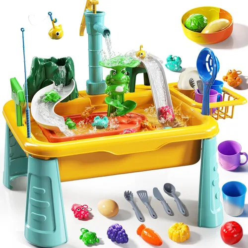 Miniatura 10 de JUKUDAHU Mesa de Agua y Fregadero de Juego para Niños de 2, 3, 4, 5, 6 Años de Edad - Cocina al Aire Libre con Agua Corriente, Juegos de Pesca, Mesa