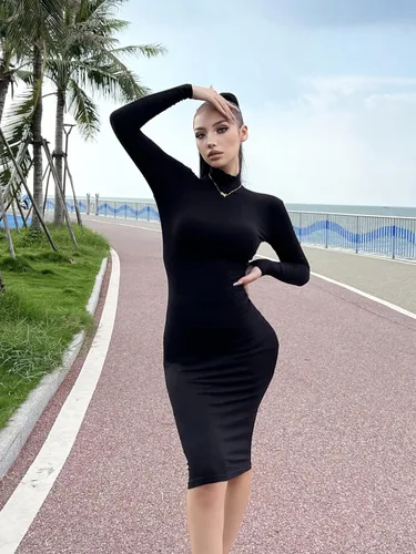 Miniatura 2 de Flutnel - Vestido tubo de manga larga para mujer, 3 piezas, acanalado, cuello alto, ajustado, para trabajo, oficina, vestido midi