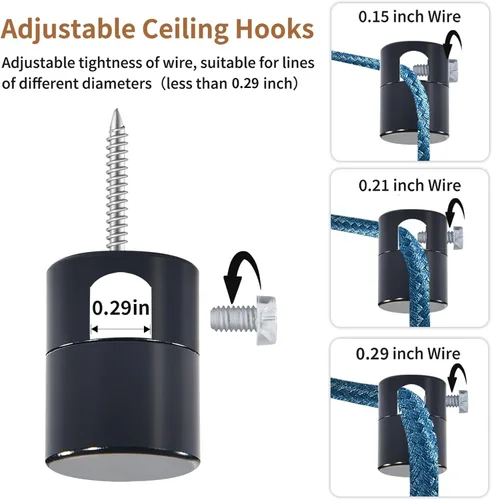 Miniatura 5 de Paquete de 3 Ganchos de Techo Mejorados, Ganchos de Techo Ajustables de Aluminio para Colgar Luces, Gancho Colgante Negro de Servicio Pesado, Gancho