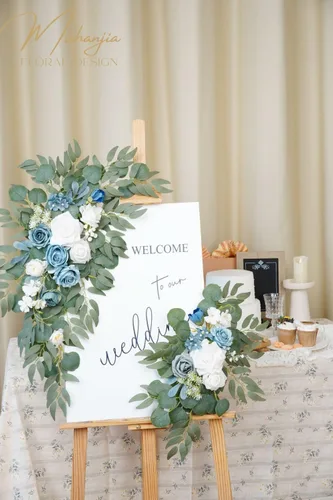 Miniatura 9 de Muhanjia Letrero de boda con estampado de flores sintéticas (paquete de 2) para ceremonia, fiesta, recepción, entrada, decoración floral, caballete