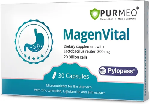 Miniatura 10 de purmeo MagenVital Pylopass H. Pylori Suplemento probiótico - 1 por día - Gastritis, reflujo ácido, acidez estomacal, reparación del revestimiento