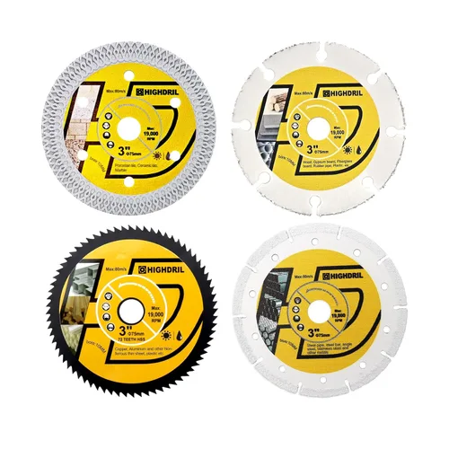 Miniatura 15 de HIGHDRIL Juego de hojas de sierra circular de 3" 75mm, 4 piezas - Disco de corte de diamante/HSS/TCT para amoladora angular para cortar metal