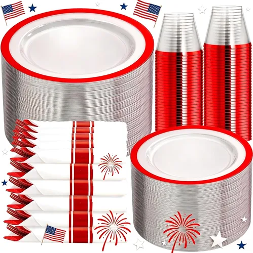 Miniatura 13 de I00000 Juego de 210 platos rojos, platos de plástico transparente y rojo que incluye 60 platos, 30 tazas, 30 servilletas enrolladas con cubiertos