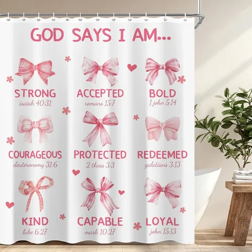 Miniatura 8 de Juego de cortinas de ducha con lazo rosa para baño, 60 pulgadas de ancho x 72 pulgadas de alto, cortina de ducha con texto en inglés «God says I Am