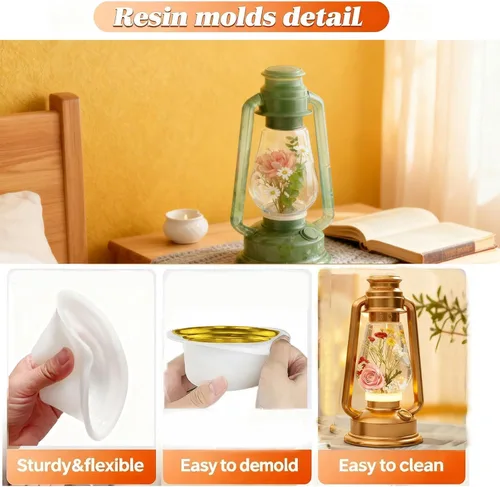 Miniatura 7 de Juego de moldes de resina para lámpara de queroseno, moldes de silicona para faroles de huracán para resina, moldes de resina de linterna de aceite