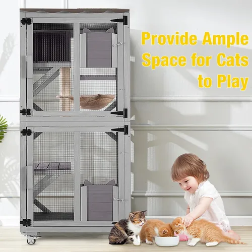 Miniatura 7 de Aivituvin Catio - Jaula de madera para gatos al aire libre con acceso a ventana, casa grande para gatitos sobre ruedas, 62.4 pulgadas, patio