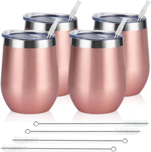 Miniatura 17 de Paquete de 12 vasos de vino de acero inoxidable, 12 onzas, doble pared, aislados al vacío, con tapas y pajitas, copas de vino sin tallo de acero Oro