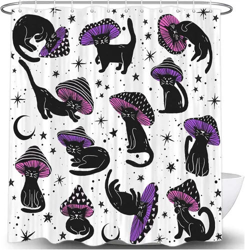 Miniatura 8 de MERCHR Cortina de Ducha de Gato Lindo Campista para Baño de Remolque de Viaje, Divertido Juego de Cortinas de Ducha de Tela Negra con Gato