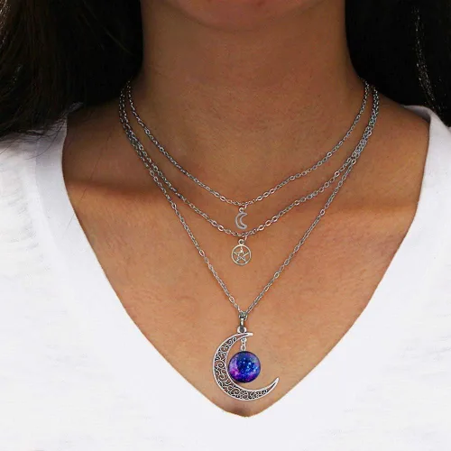 Miniatura 4 de MJartoria Collar de pentagrama de luna, collar de chakra de cristal, colgante, con dije, cadena de aleación multicapa, conjunto de gargantilla