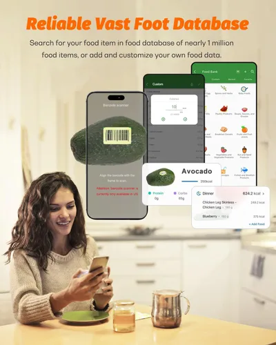 Miniatura 4 de Báscula inteligente de alimentos con calculadora nutricional, aplicación para teléfono inteligente con seguimiento de 26 nutrientes, calorías, Gris