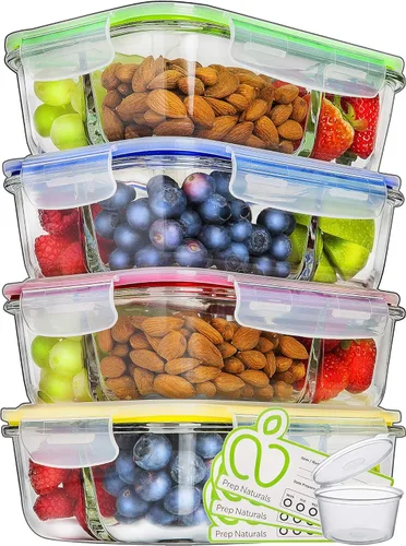 PrepNaturals - Paquete de 4 recipientes de vidrio de 34 onzas para preparación de comidas, aptos para lavavajillas, microondas, congelador, horno,