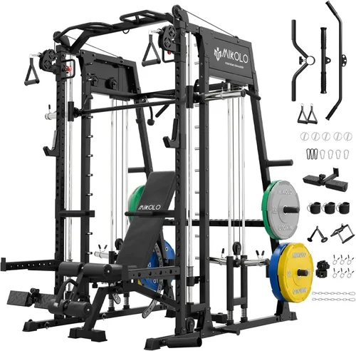 Miniatura 11 de Máquina de Smith Mikolo, banco de sentadillas de 2200lbs con sistema de tracción LAT y máquina de cruce de cables, equipo de entrenamiento con Rojo