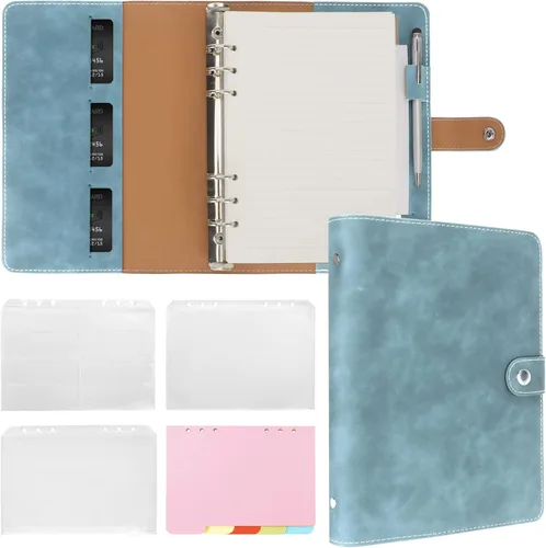 FYY - Cuaderno de 6 anillos de piel sintética con bolsillos, divisores y papel de recarga, agenda de tamaño A5, color azul