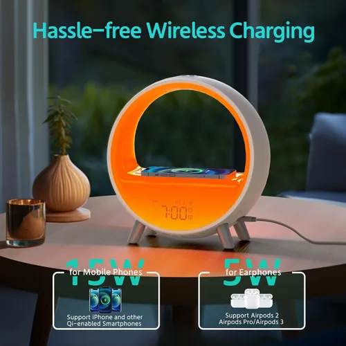 Miniatura 3 de MOMILLA Reloj despertador Sunrise con estación de carga inalámbrica de 15 W, altavoz Bluetooth y máquina de ruido blanco, luz de despertador