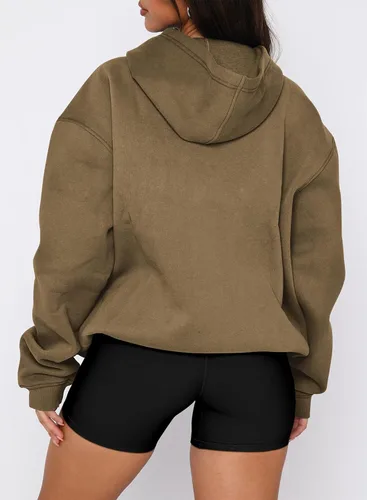 Miniatura 24 de onlypuff Sudadera casual con capucha para mujer, de manga larga, con bolsillo de canguro, hombro caído