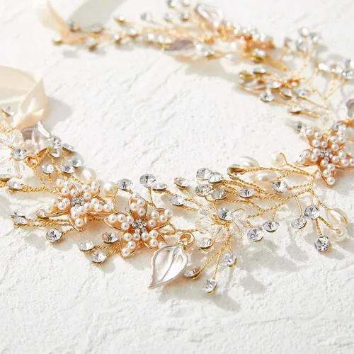 Miniatura 6 de SWEETV - Diadema de niña de flores para boda, pieza de pelo de perlas florales para bebé, diadema dorada para fiesta de cumpleaños, fotografía Dorado