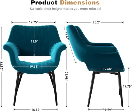Miniatura 2 de Nalupatio Juego de 2 sillas de comedor modernas de terciopelo con reposabrazos, modernas sillas laterales tapizadas para cocina, patas de metal